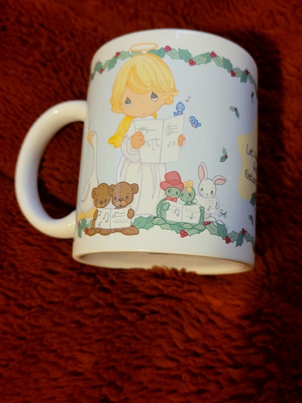Vintage Precious Moments 1997 Holiday Choir Mug - White with Pastel Characters